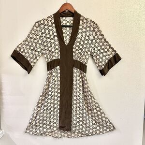 Geren Ford 100% Silk Geometric Brown/Tan‎ Kimino Midi Dress SZ Xtra Small